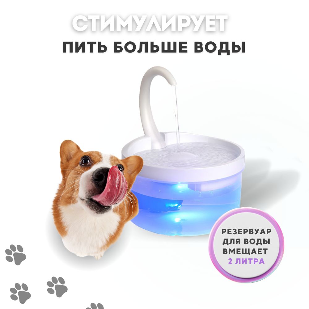 Фонтан поилка PetPaw для кошек и собак с подсветкой, 2 литра